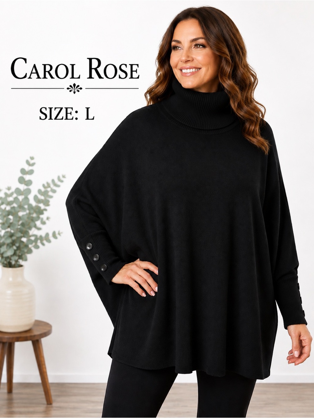 Carol Rose Black Dolman Turtleneck Sweater L